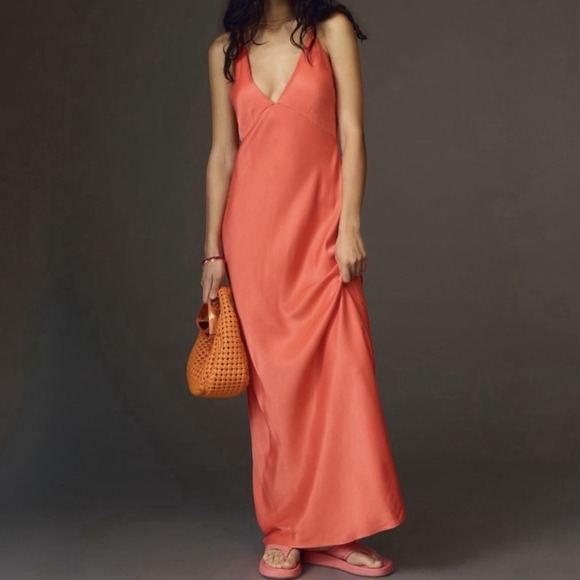 Anthropologie Dresses & Skirts - ANTHROPOLOGIE Plunge V-Neck Satin Maxi Slip Dress‎ Sz XL
